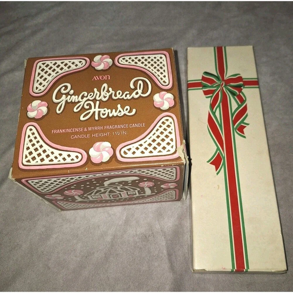 Avon Candy Cane & Holly 2 Bayberry Fragrance Taper Candles & Gingerbread House